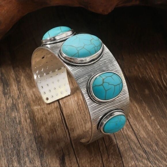 Western Turquoise Cuff- Silver Plated Open Cuff Bracelet | Stagecoach - Picture 9 of 10